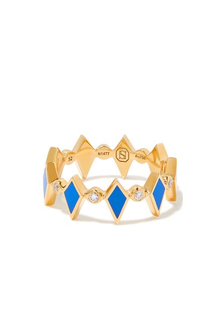 18K YG Morocco Metro Blue Enamel and Diamonds Mosaic Ring:Yellow Gold:56